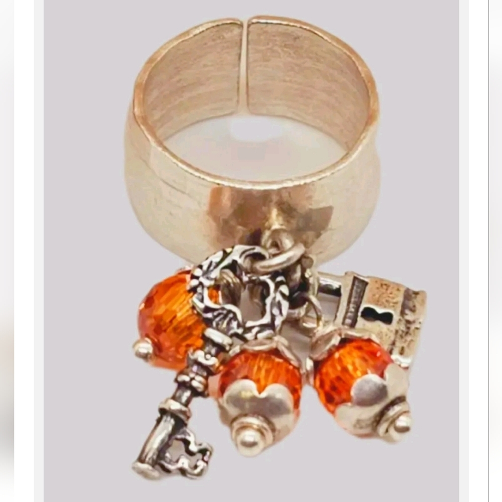 Orange CZ Faceted Sterling Charm Artisan Ring- Adjustable NWB